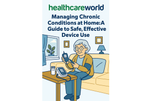 Older woman at home using a blood pressure monitor and health devices – Managing Chronic Conditions at Home guide image from Healthcare World