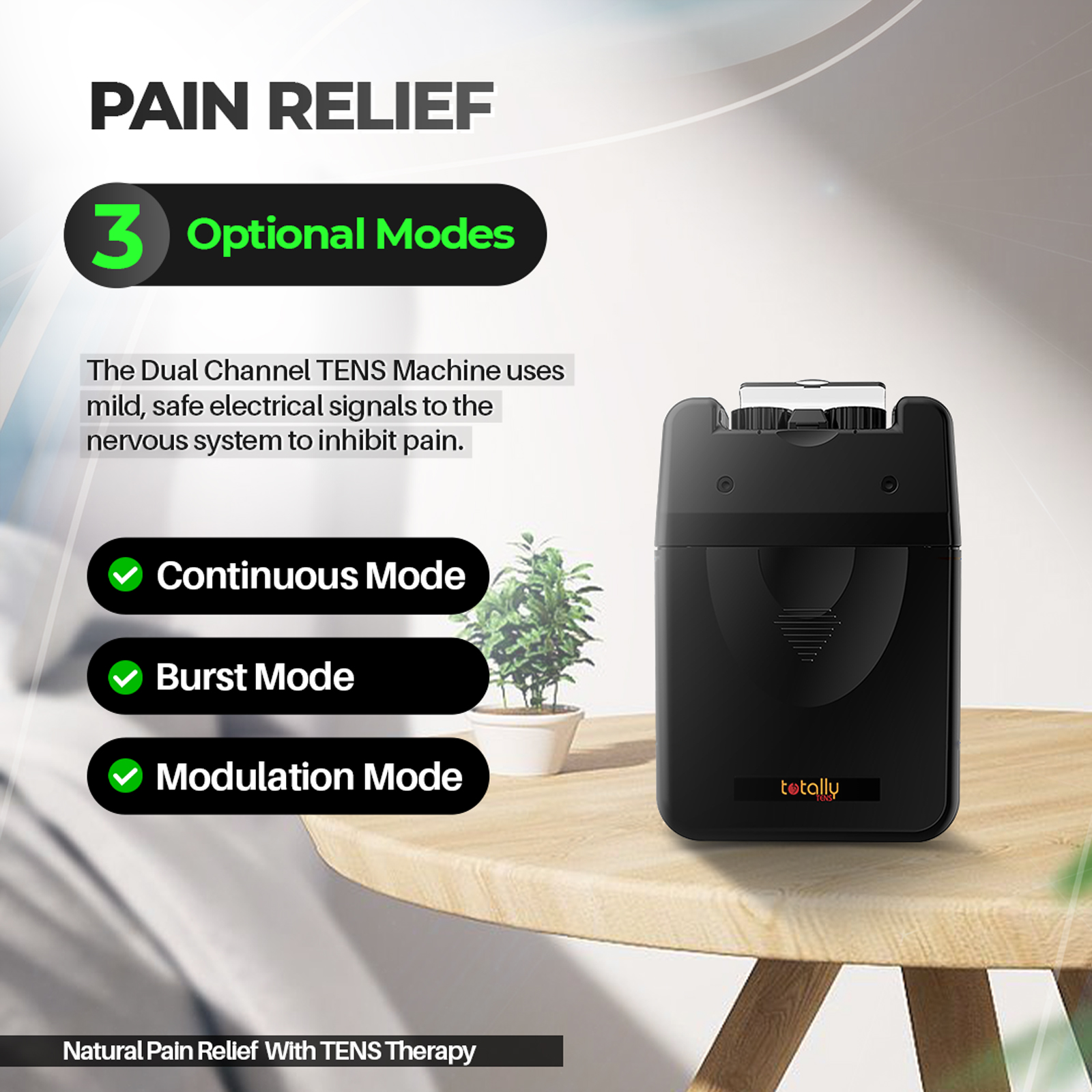 Illustration of how TENS therapy affects Aβ, Aδ, and C nerve fibers with Totally TENS TPN machine in the foreground