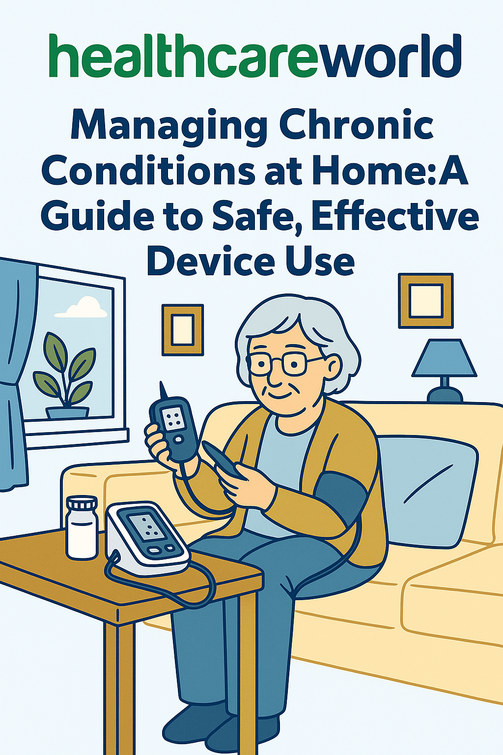 Older woman at home using a blood pressure monitor and health devices – Managing Chronic Conditions at Home guide image from Healthcare World
